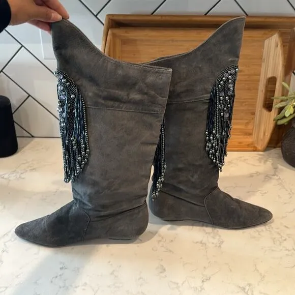 Vintage Suede Fringe Beaded Tall Suede Boots western festival size 8.5