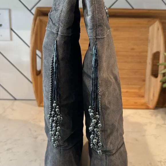 Vintage Suede Fringe Beaded Tall Suede Boots western festival size 8.5