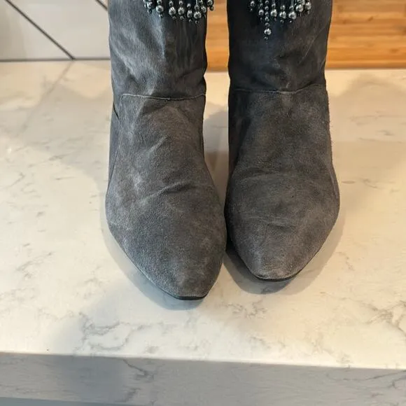 Vintage Suede Fringe Beaded Tall Suede Boots western festival size 8.5