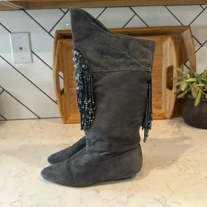 Vintage Suede Fringe Beaded Tall Suede Boots western festival size 8.5