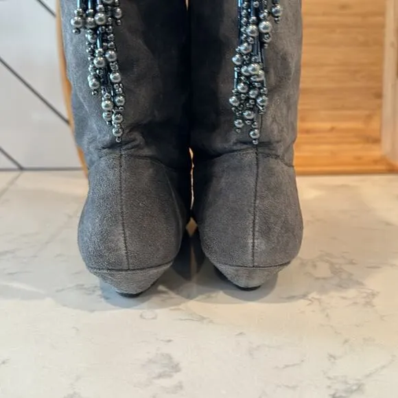 Vintage Suede Fringe Beaded Tall Suede Boots western festival size 8.5