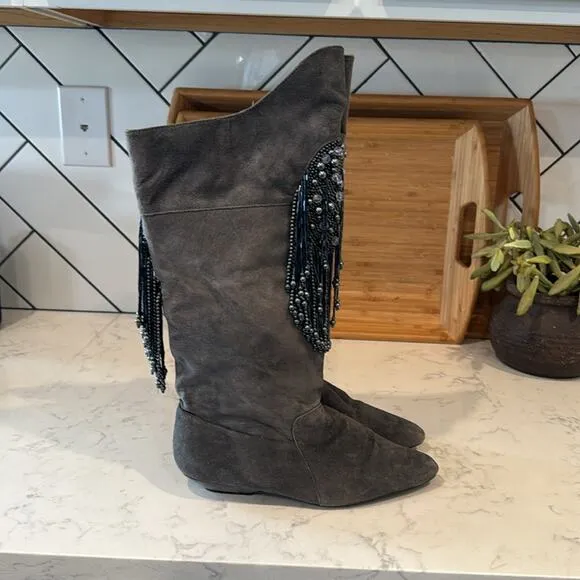 Vintage Suede Fringe Beaded Tall Suede Boots western festival size 8.5