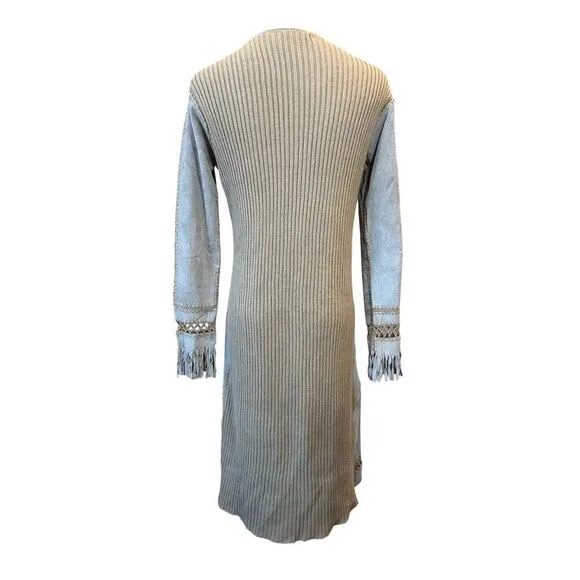 VINTAGE Suede Leather Knit Fringe Long Open Cardigan Women’s Small BOHO Western