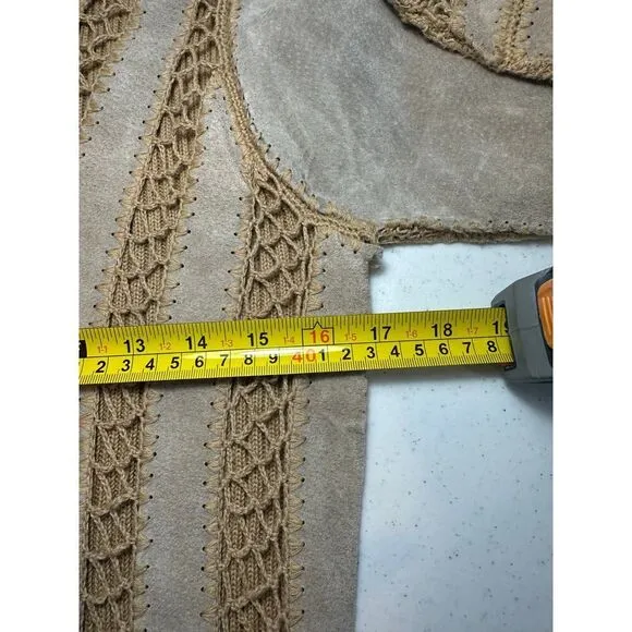 VINTAGE Suede Leather Knit Fringe Long Open Cardigan Women’s Small BOHO Western