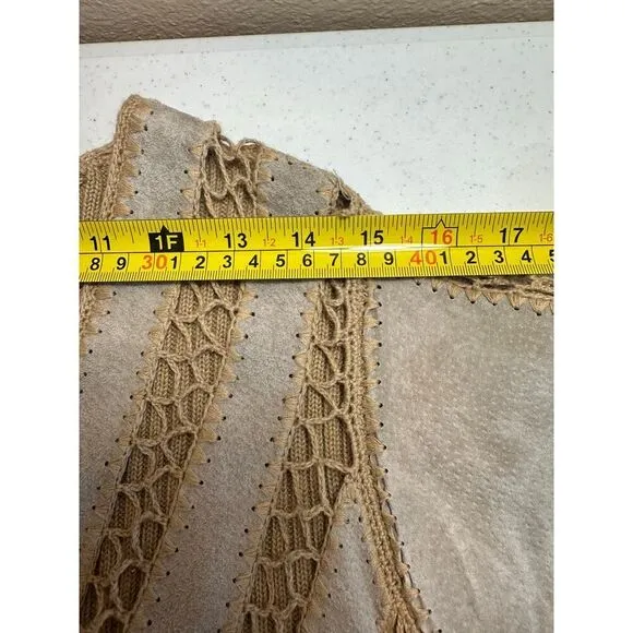 VINTAGE Suede Leather Knit Fringe Long Open Cardigan Women’s Small BOHO Western