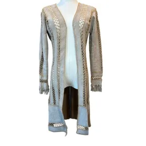 VINTAGE Suede Leather Knit Fringe Long Open Cardigan Women’s Small BOHO Western