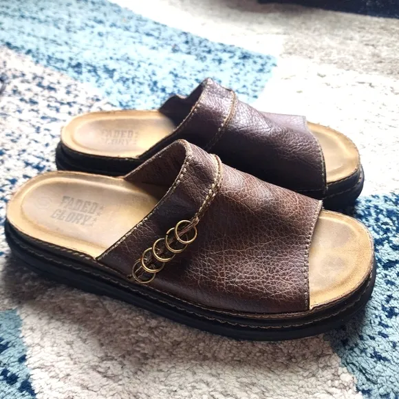Vtg 90s Y2K Faded Glory Sz 10 Chunky Sandals Brown Wedge Platform Slides Shoes