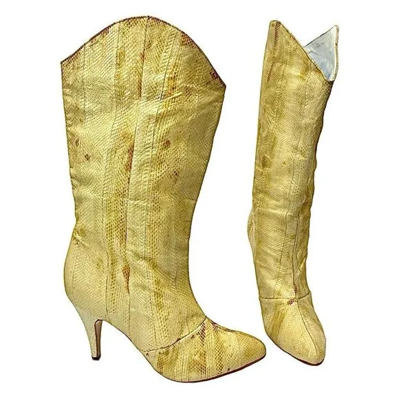 WILD PAIR WOMENS SNAKESKIN BEIGE LEATHER BOOTS SIZE 7 B MADE IN PHILIPPINES