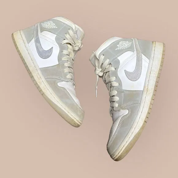 WMNS Nike Air Jordan 1 Mid Wolf Grey Aluminum Shoes Size 7 Women's BQ6472-105