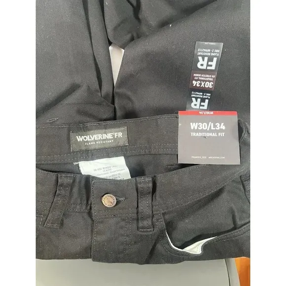 Wolverine FR Flame Resistant Pants Mens 30x34 Black Stretch Traditional Fit