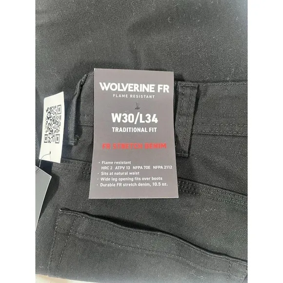 Wolverine FR Flame Resistant Pants Mens 30x34 Black Stretch Traditional Fit