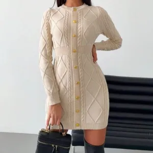 Women's Casual Solid Fitted Button-Front Sweater Dress