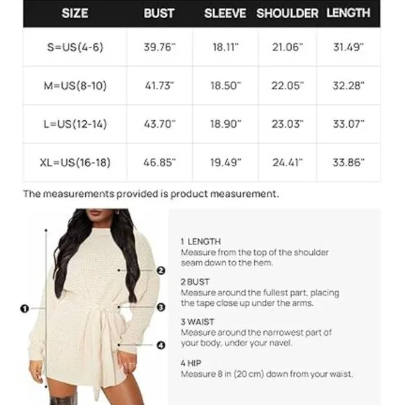 Women's Fall Long Sleeve Waffle Knitted Tie Waist Tunic Pullover Sweater Dress
