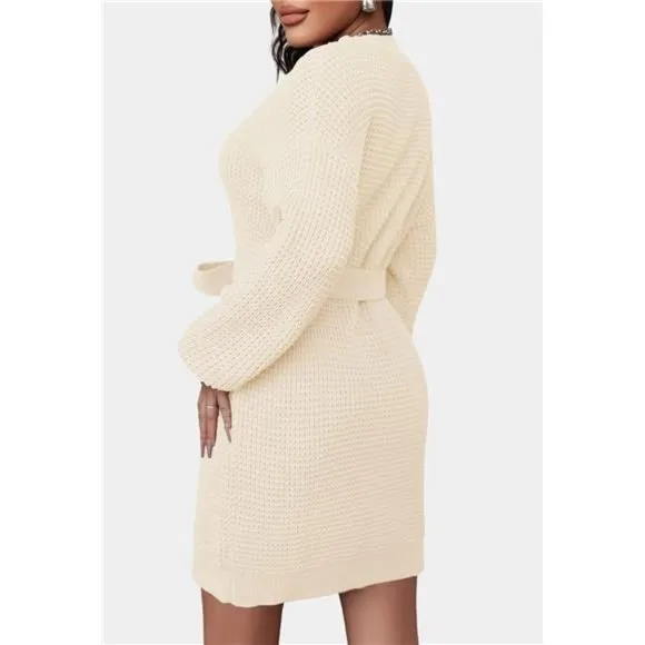 Women's Fall Long Sleeve Waffle Knitted Tie Waist Tunic Pullover Sweater Dress