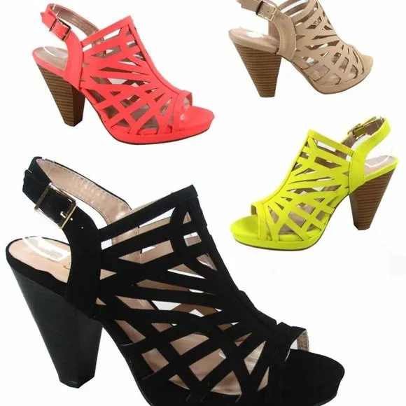 Women's  Fashion Strappy Caged Kitten Chunky Heel Sandal Shoes