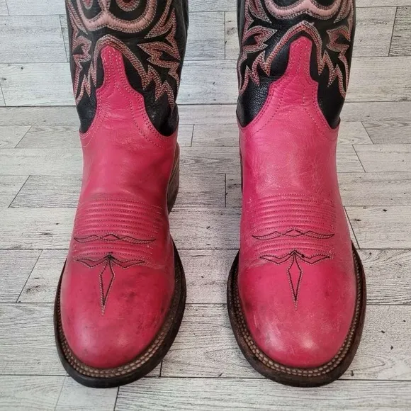Women's Lucchese 2000 Western Pink Black Leather Rodeo Cowboy Boots Size 7 B