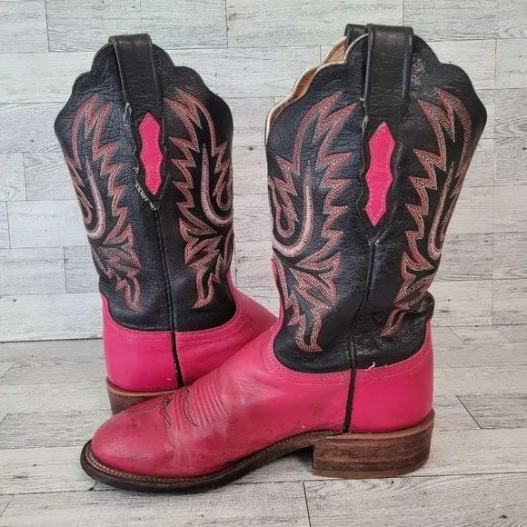 Women's Lucchese 2000 Western Pink Black Leather Rodeo Cowboy Boots Size 7 B