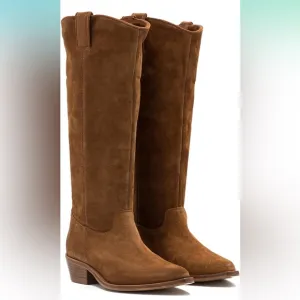 Women's Stacked Heel Brown Slouchy Knee High Western Boots Wide Calf  Size 11