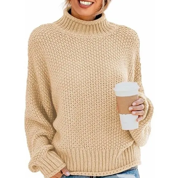 WOMENS Turtleneck Sweaters Batwing - Solid Apricot