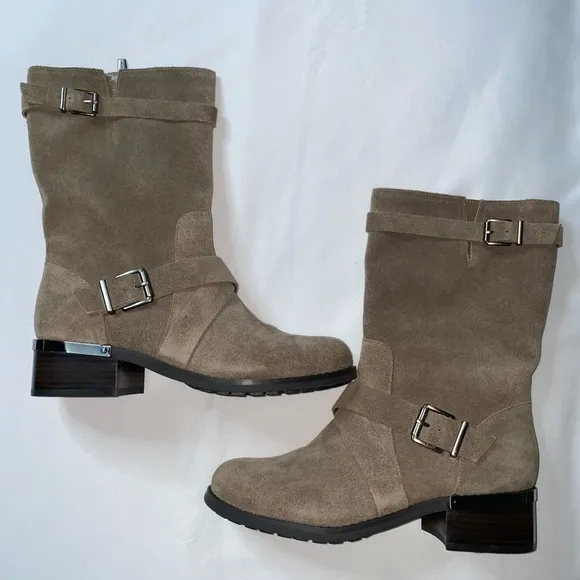 Women’s Vince Camuto Grey Suede Block Heel Moto Casual Zipper Boots With Buckles