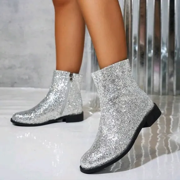 WomenSilver Sequined Short Boots,Round Toe Thermal Lined,Side Zipper Design Boot