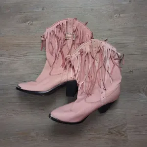 Y2K Pink Leather Fringe Rhinestone Cowgirl Boots