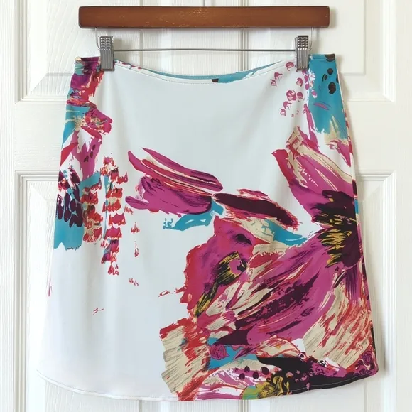 Yigal Azrouel Vibrant Abstract Printed Silk Blend Low Waisted A-Line Mini Skirt