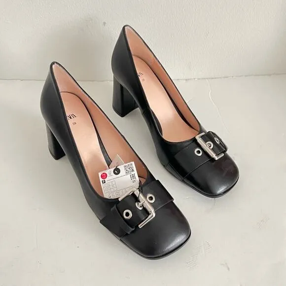 Zara Black SINGLE MONK STRAP LEATHER SHOES 7.5 US