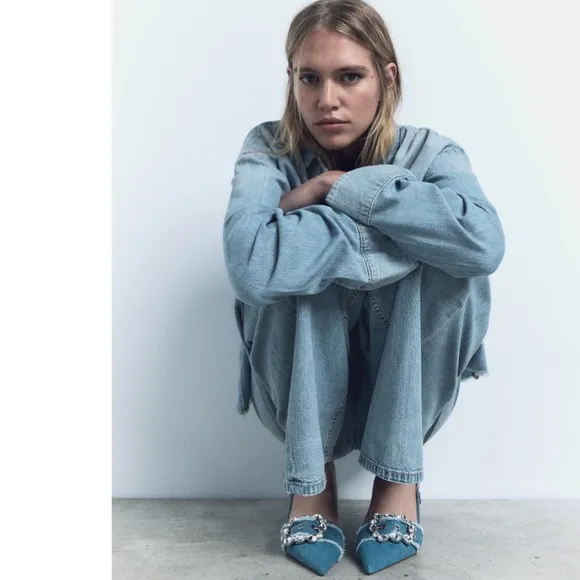ZARA BUCKED DENIM SLINGBACK SHOES