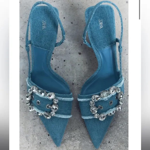 ZARA BUCKED DENIM SLINGBACK SHOES