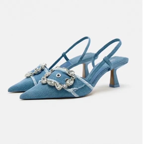 ZARA BUCKED DENIM SLINGBACK SHOES