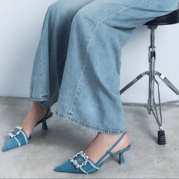 ZARA BUCKED DENIM SLINGBACK SHOES