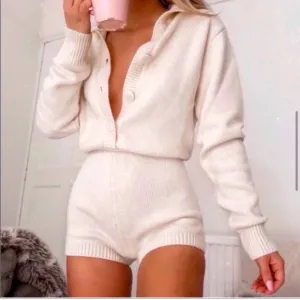 Zara- Jumpsuit (cream, knit, shorts, long-sleeve w/button top) Limited Edition