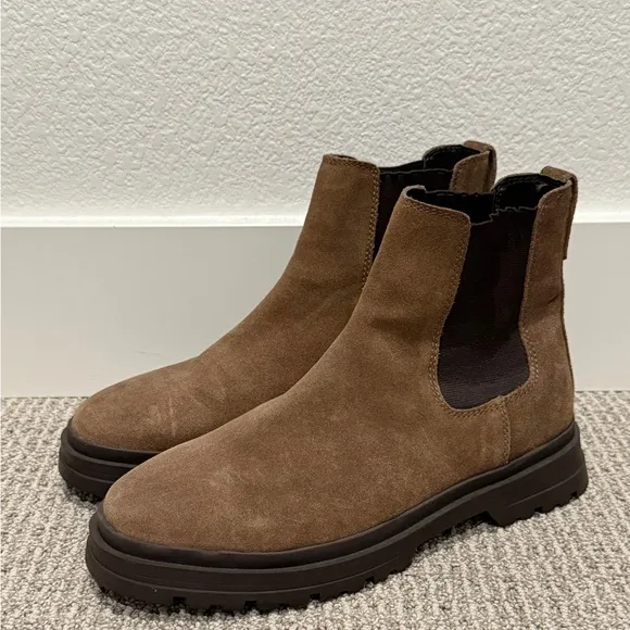 ZARA Lug Sole Suede Chelsea Ankle Boots Mens 12 Brown Leather Suede Chunky Soles