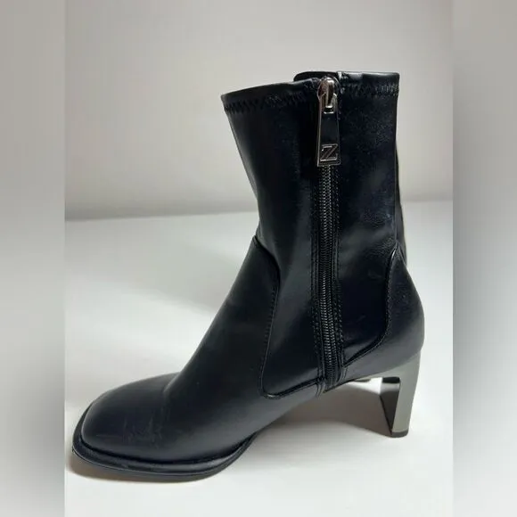 Zara Womens Black Leather Ankle Boots Sz 8/ Eu 38 Metallic Heel See Description