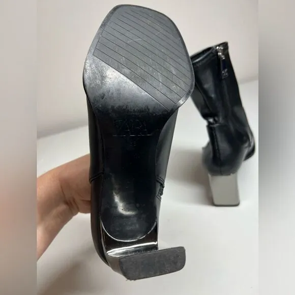 Zara Womens Black Leather Ankle Boots Sz 8/ Eu 38 Metallic Heel See Description