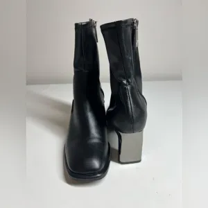 Zara Womens Black Leather Ankle Boots Sz 8/ Eu 38 Metallic Heel See Description