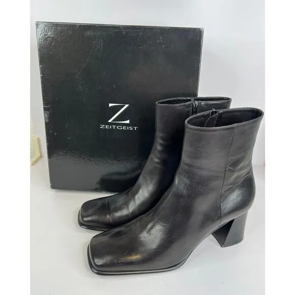 Zeitgeist Italian Leather Chunky 2&quot; Heel Black Ankle Boots Size 9 Apache Black