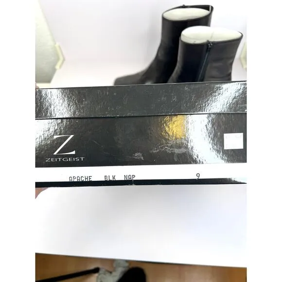 Zeitgeist Italian Leather Chunky 2&quot; Heel Black Ankle Boots Size 9 Apache Black