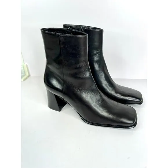 Zeitgeist Italian Leather Chunky 2&quot; Heel Black Ankle Boots Size 9 Apache Black